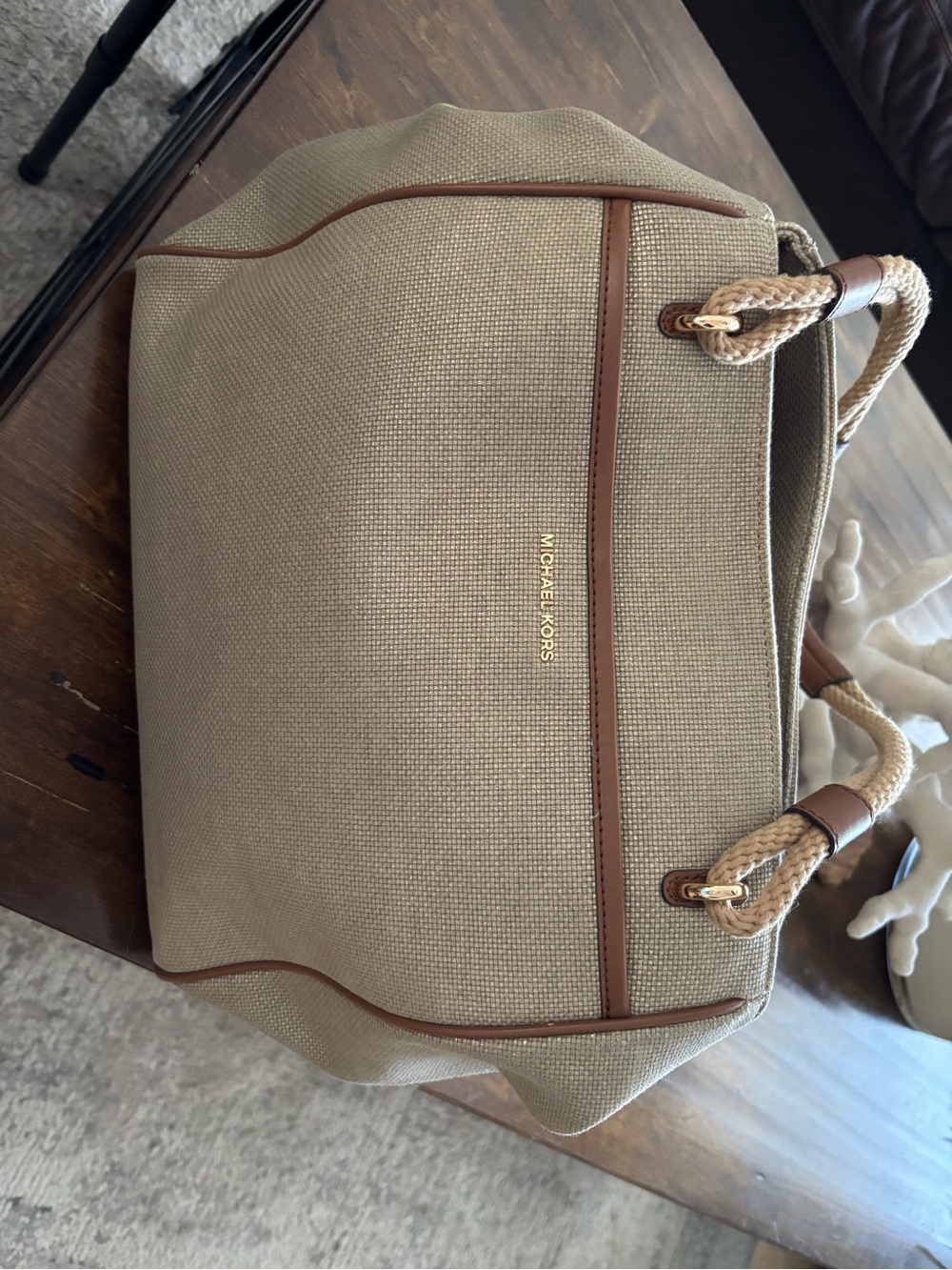 Michael Kors Beige Canvas Shoulder Bag with Brown Trim and Rope Handles